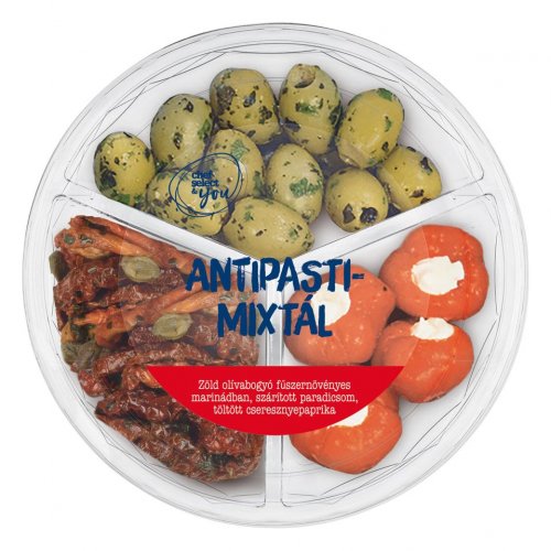 Chef select & you Antipasti mixtál: Zöld olívabogyó fűszernövényes  marinádban, szárított paradicsom, töltött cseresznyepaprika 300 g 0.3  kilogramm | Cashmap.hu: akciók, árösszehasonlítás, bevásárlólista