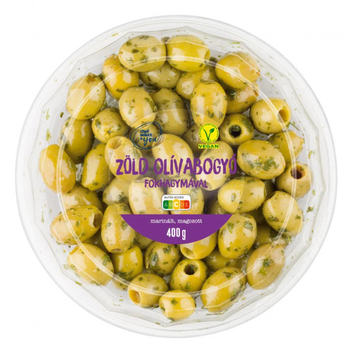 Chef select & you Zöld olívabogyó fokhagymával 400 g 0.4 kilogramm |  Cashmap.hu: akciók, árösszehasonlítás, bevásárlólista